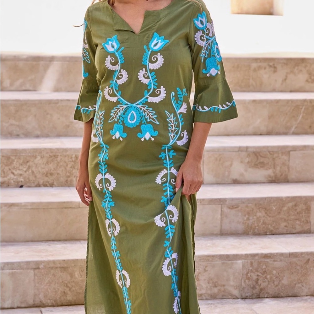 Debbie Katz Women’s Delilah Maxi Tunic Embroidered Green Turquoise‎ Size Small